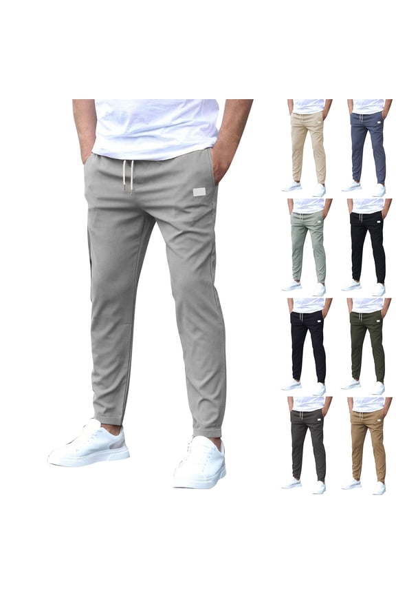 Men's Casual Slim-Fit Solid Color Nine-Point Pants with Pockets, Ankle-Length Trousers for Business Casual and Daily Outfits,Khaki,XL
