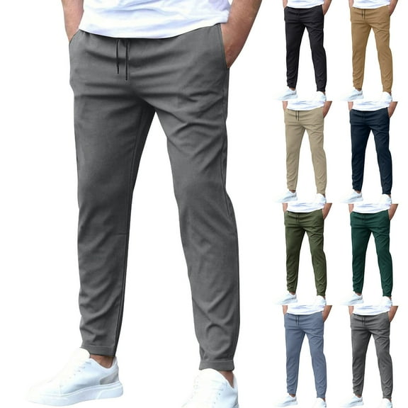 Men's Casual Slim-Fit Solid Color Nine-Point Pants with Pockets, Ankle-Length Trousers for Business Casual and Daily Outfits,Navy,S