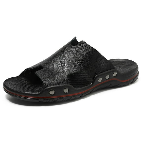 Men's Casual Slippers Summer Leather Beach Sandals Slip-On Open Toe Outdoor Shoes Comfortable Flat Lightweight Slide Black 6.5 US