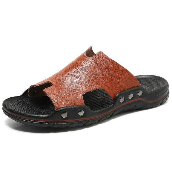 Men's Casual Slippers Summer Leather Beach Sandals Slip-On Open Toe Outdoor Shoes Comfortable Flat Lightweight Slide Brown 10 US