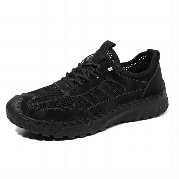 Men's Casual Sneakers Breathable Mesh Lightweight Comfort Non-Slip Leather Loafers Hollow Outdoor Handmade Shoes Black 8.5 US