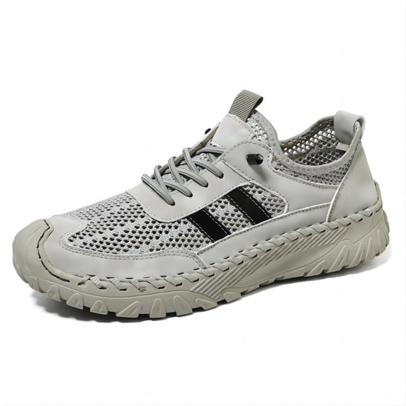 Men's Casual Sneakers Breathable Mesh Lightweight Comfort Non-Slip Leather Loafers Hollow Outdoor Handmade Shoes Gray 10.5 US