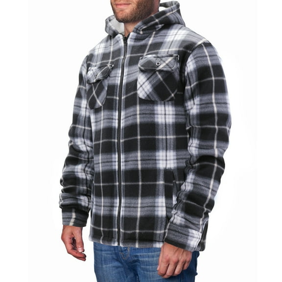 Men's Casual Soft Warm Fleece Sherpa Lined Plaid Pattern Zip Up Hoodie Jacket (Black/White, M)