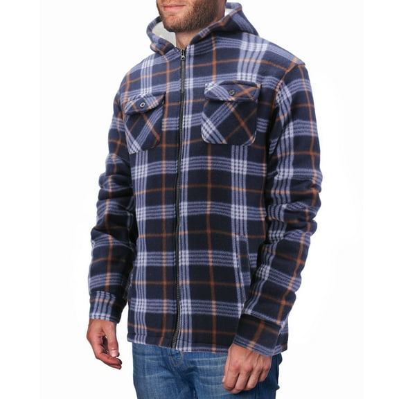 Men's Casual Soft Warm Fleece Sherpa Lined Plaid Pattern Zip Up Hoodie Jacket (Navy, 4XL)