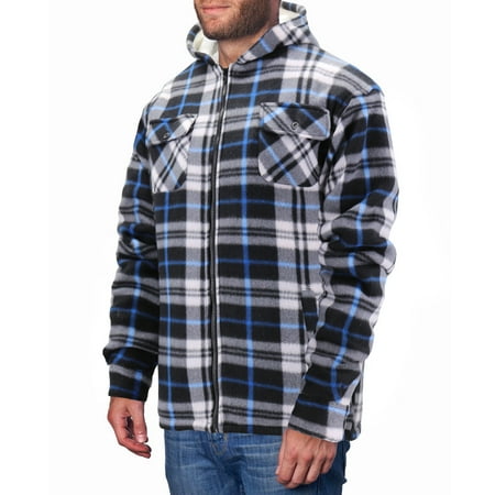 Men's Casual Soft Warm Fleece Sherpa Lined Plaid Pattern Zip Up Hoodie Jacket (White/Blue, 5XL)
