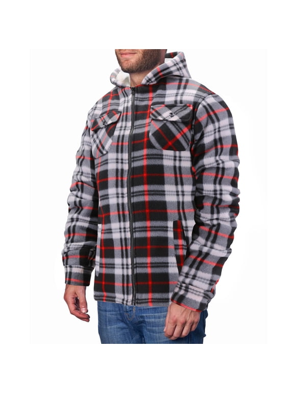 Men's Casual Soft Warm Fleece Sherpa Lined Plaid Pattern Zip Up Hoodie Jacket (White/Red, 2XL)