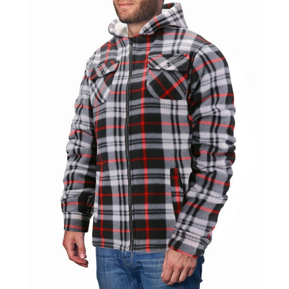 Men's Casual Soft Warm Fleece Sherpa Lined Plaid Pattern Zip Up Hoodie Jacket (White/Red, M)