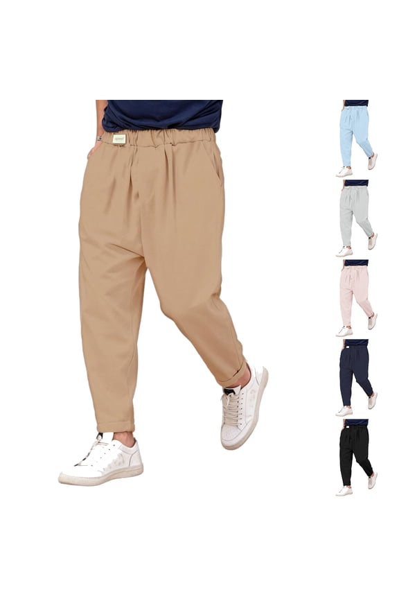 Men's Casual Solid Color All-Season Pants, Trendy 9-Inch Harem Pants for Spring Summer, Beach Vacation and Boho Style,Khaki,M