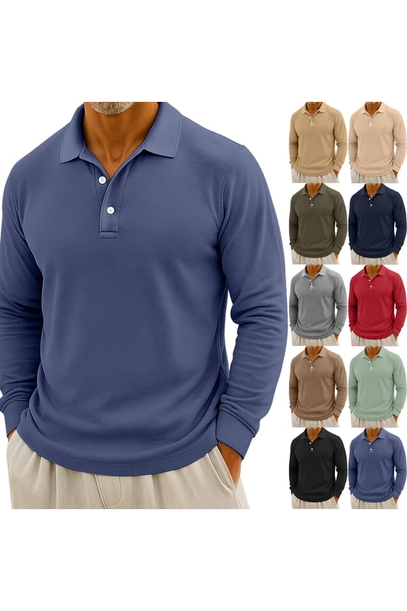 Men's Casual Solid Color Button Long Sleeve Polo Shirt, Henley Collar Sport Top for Gym, Casual Fridays and Everyday Comfort,Navy,2XL
