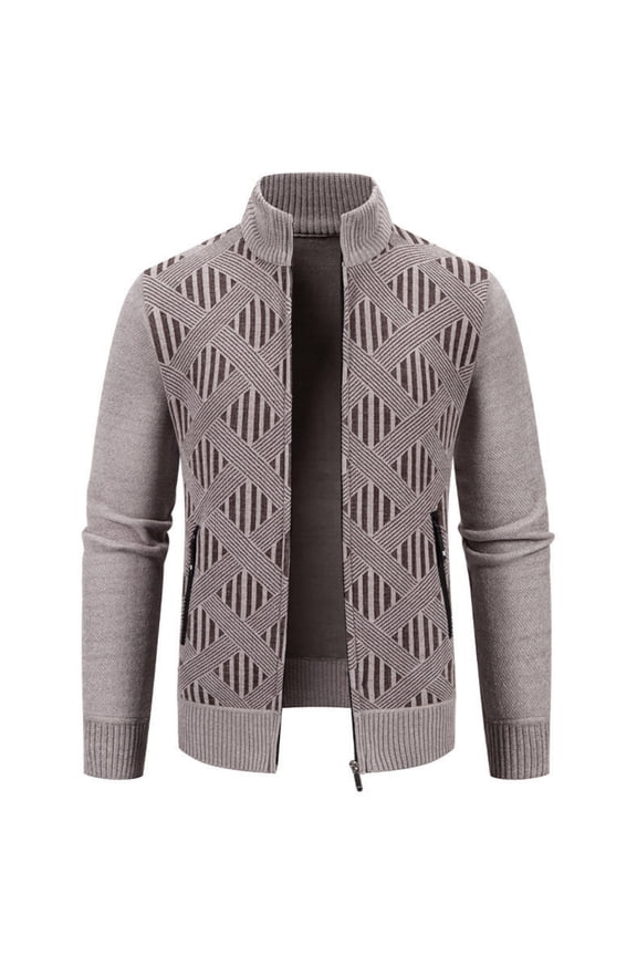 Men's Casual Solid Color Cardigan Sweater - Stand-up Collar Fleece-lined Thickened Chenille Knit Coat, Beige, Size XXL