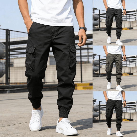 Men's Casual Solid Color Cargo Joggers Elastic Waist Sweatpants Drawstring Tapered Pants with Pockets