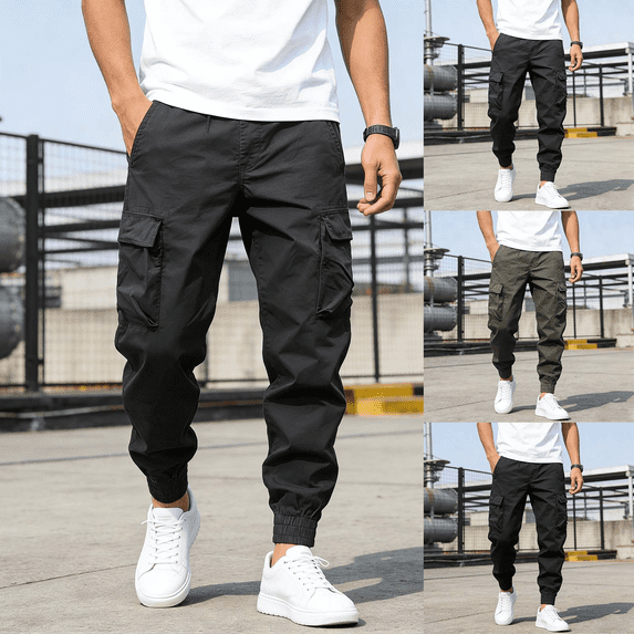 Men's Casual Solid Color Cargo Joggers Elastic Waist Sweatpants Drawstring Tapered Pants with Pockets