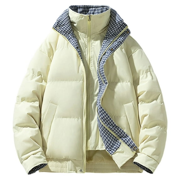 Men's Casual Solid Color/Checked Patchwork Standing Lapel Jacket Thick Warm Quilted Outdoor Parka