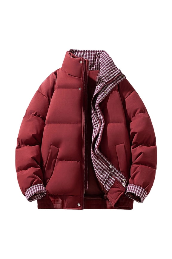 Men's Casual Solid Color/Checked Patchwork Standing Lapel Jacket Thick Warm Quilted Outdoor Parka
