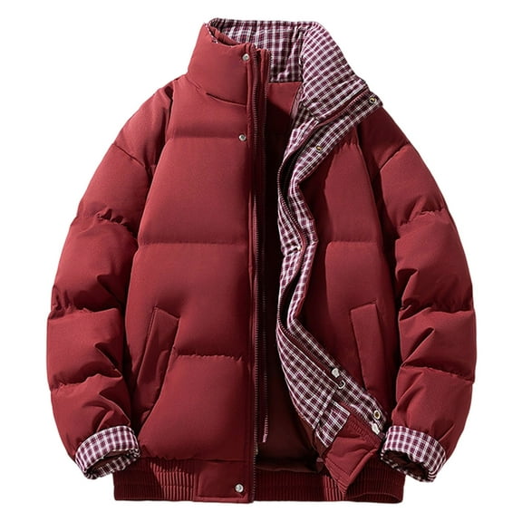 Men's Casual Solid Color/Checked Patchwork Standing Lapel Jacket Thick Warm Quilted Outdoor Parka