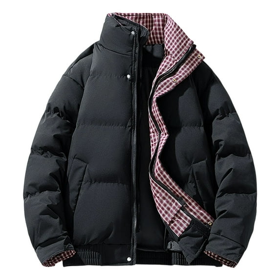 Men's Casual Solid Color/Checked Patchwork Standing Lapel Jacket Thick Warm Quilted Outdoor Parka