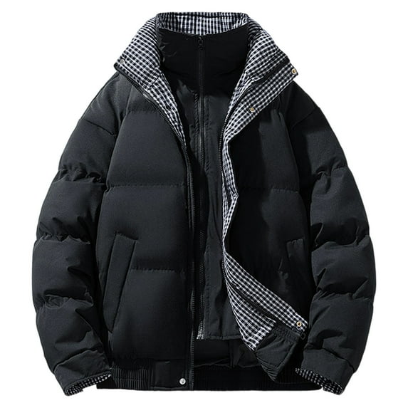 Men's Casual Solid Color/Checked Patchwork Standing Lapel Jacket Thick Warm Quilted Outdoor Parka