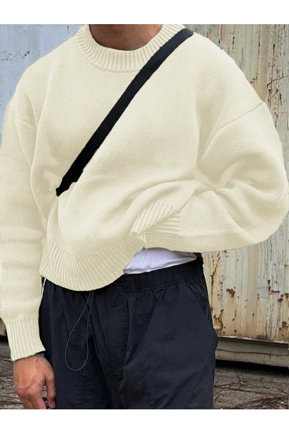 Men's Casual Solid Color Crew Neck Knitted Pullover Sweater - Trendy Street Style for All Seasons