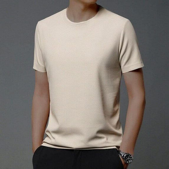 Men's Casual Solid Color Crew Neck Waffle Grid Short Sleeve T-Shirt