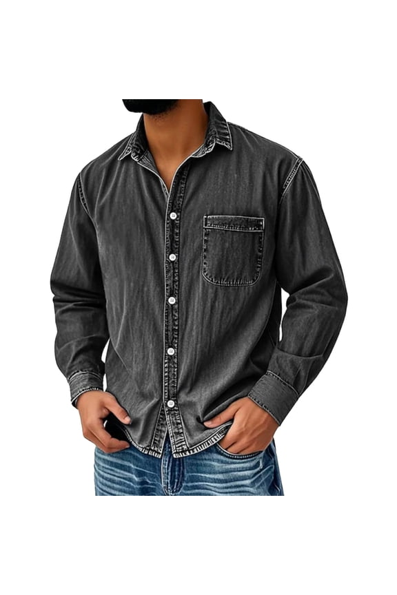 Men's Casual Solid Color Distressed Denim Shirt, American Workwear Retro Washed Long Sleeve Top, Durable and Stylish for Men's Casual and Vintage Looks,Black,L