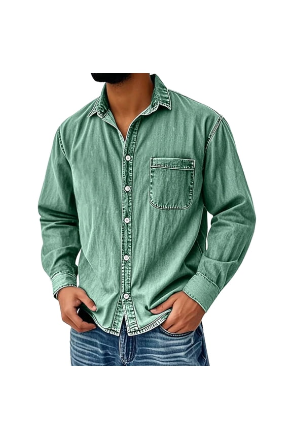 Men's Casual Solid Color Distressed Denim Shirt, American Workwear Retro Washed Long Sleeve Top, Durable and Stylish for Men's Casual and Vintage Looks,Green,M