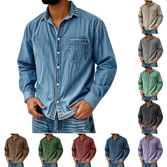 Men's Casual Solid Color Distressed Denim Shirt, American Workwear Retro Washed Long Sleeve Top for Fall Winter, Outdoor Work and Vintage Style Outfits,Purple,M