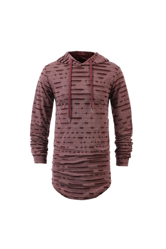 Men's Casual Solid Color Fashionable and Individual Ripped Sweatshirt, Mid-length Hooded Sporty Long Sleeve Pullover Top for Men, Ideal for Casual Sports Wear and Street Fashion,Coffee,S