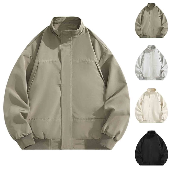 Men's Casual Solid Color Fleece Jacket Long Sleeve Stand Collar Full Zip Up Nylon Outdoor Top Coat Fashion Daily Layered Essential Gift for Him | JASKFLY,Gray M