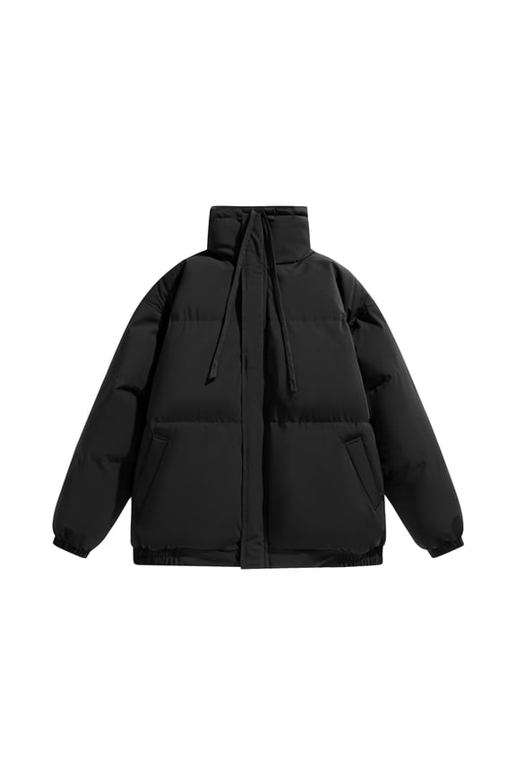 Men's Casual Solid Color High-neck Zip Cotton-padded Jacket - Thickened Cotton-filled Warm Bread Coat, Black, Size M