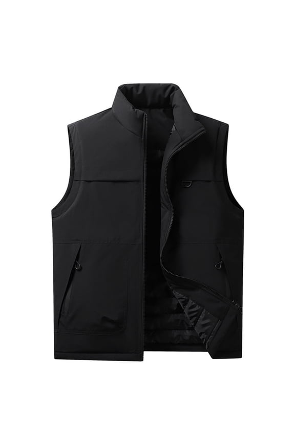Men's Casual Solid Color Light Down Cotton Vest - Stand-up Collar Zip-up Workwear Jacket, Black, Size M