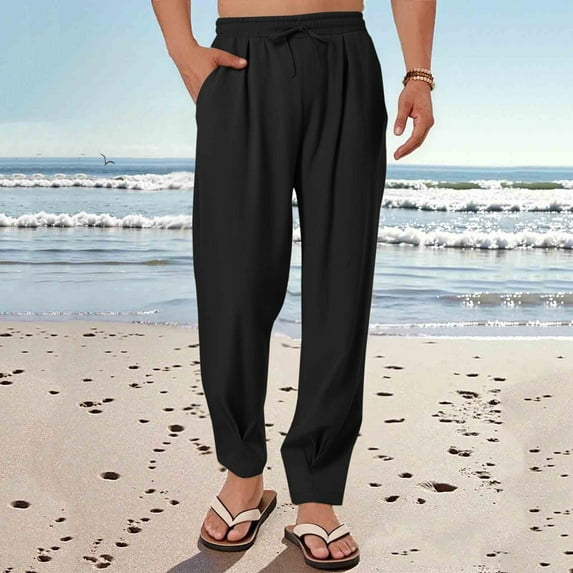 Men's Casual Solid Color Loose Fit Elastic Waist Drawstring Pocket Pants for Daily Wear