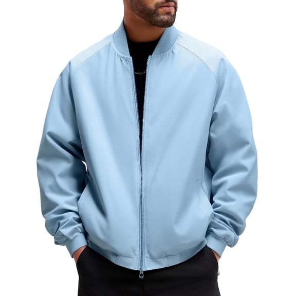 Men's Casual Solid Color Loose Fit Thin Jacket Men's Windproof Zipper Baseball Collar Jacket Light Blue XXL