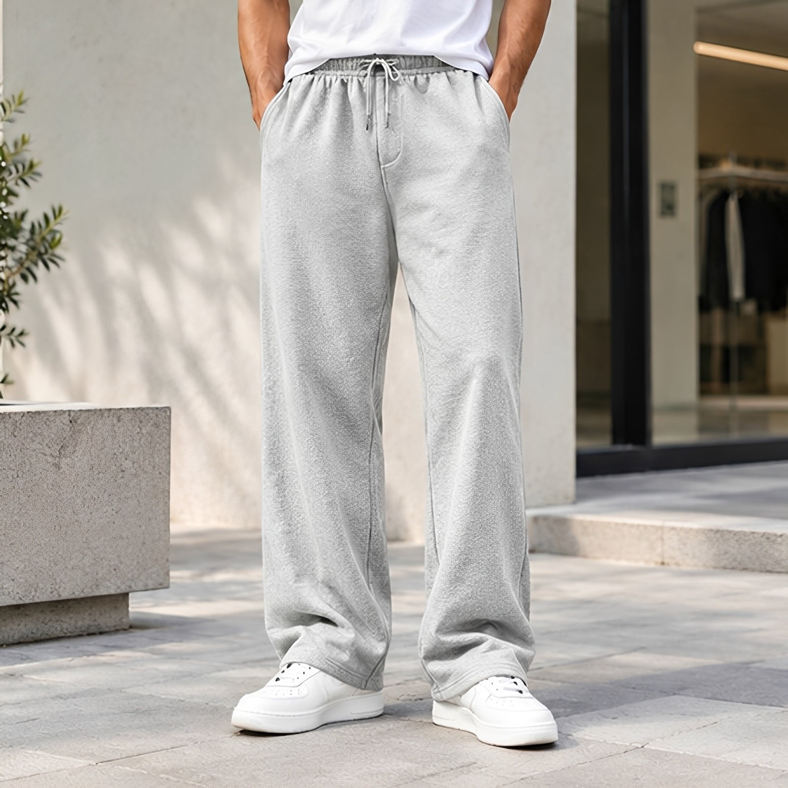 Men's Casual Solid Color Pants, Drawstring Elastic Waist Loose Straight ...