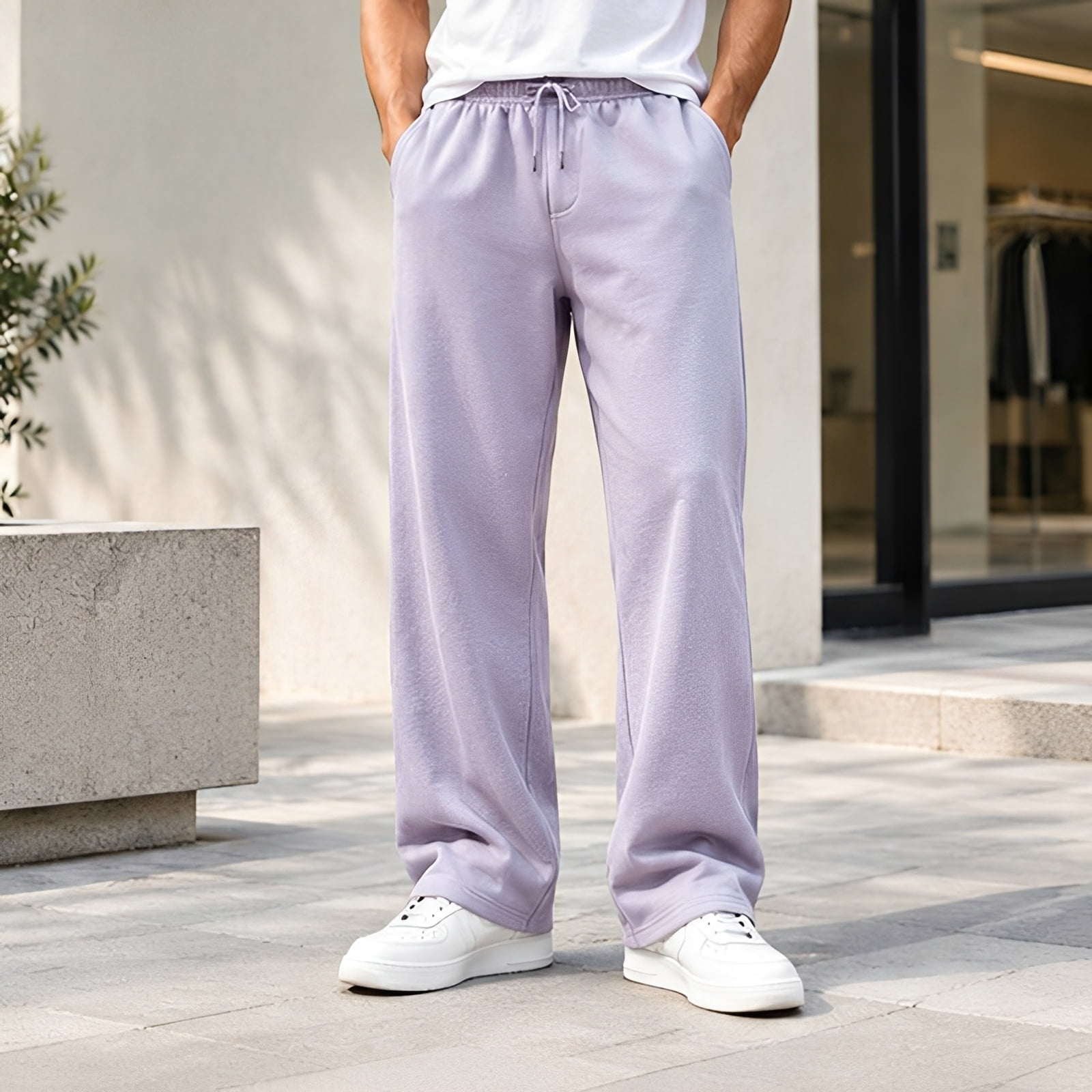 Men's Casual Solid Color Pants, Drawstring Elastic Waist Loose Straight ...