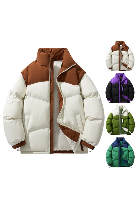 Men's Casual Solid Color Patchwork Color Blocking Cotton Padded Jacket with Thickened Stand Up Collar for Winter Fashion, Urban Wear, and New Year Festivities,Green,L