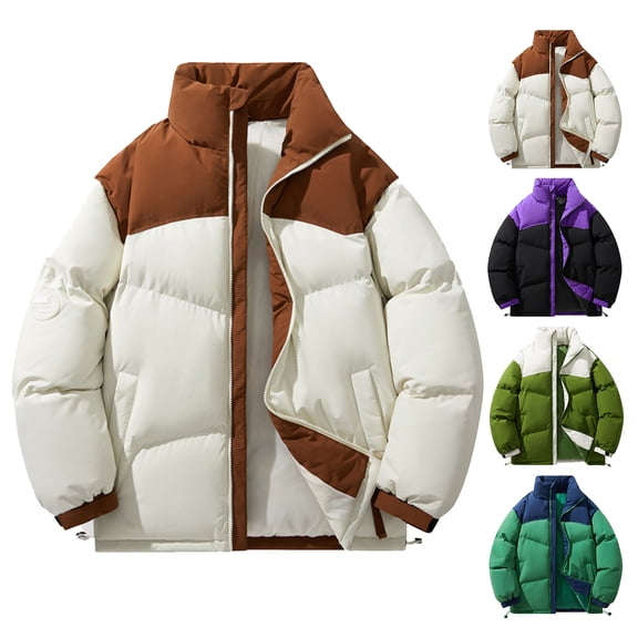 Men's Casual Solid Color Patchwork Color Blocking Cotton Padded Jacket with Thickened Stand Up Collar for Winter Fashion, Urban Wear, and New Year Festivities,Green,XL