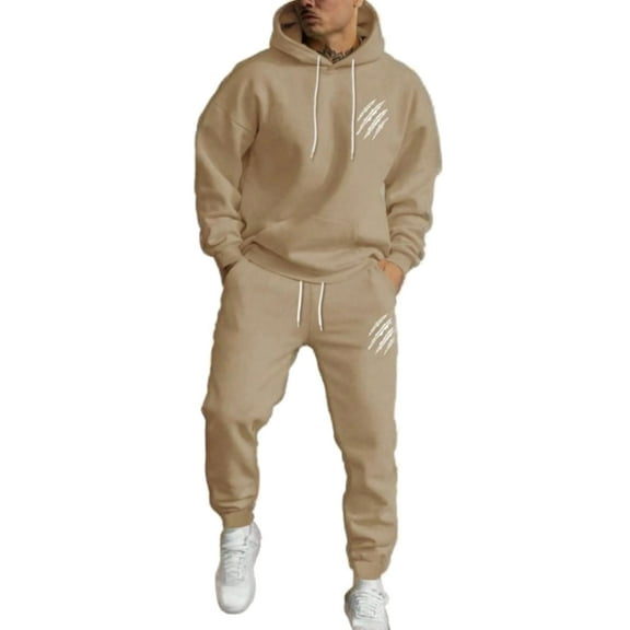 Men's Casual Solid Color Paw Print Sweatshirt Set, Fleece Hooded Drawstring Sweatshirt and Sweatpants Two-Piece Set, Lightweight and Warm for Outdoor Activities,Khaki,L