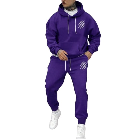 Men's Casual Solid Color Paw Print Sweatshirt Set, Fleece Hooded Drawstring Sweatshirt and Sweatpants Two-Piece Set, Lightweight and Warm for Outdoor Activities,Purple,L
