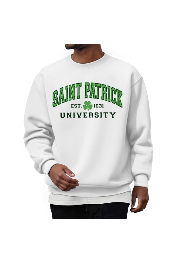 Men's Casual Solid Color Pullover Sweatshirt, Long Sleeve Crewneck Cotton Top, SAINT PATRICK UNIVERSITY Design, Comfortable Fit, Versatile Casual Wear, Soft Fabric,White,M