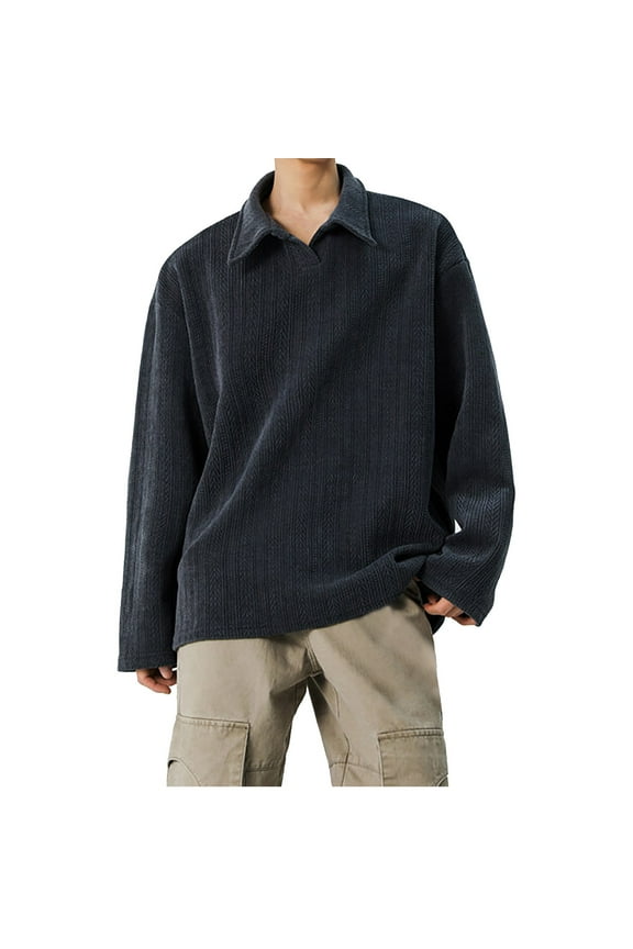 Men's Casual Solid Color Pullover Texture Long Sleeve Loose Fit Blouse Mock Neck Regular Fit Polo Sweaters