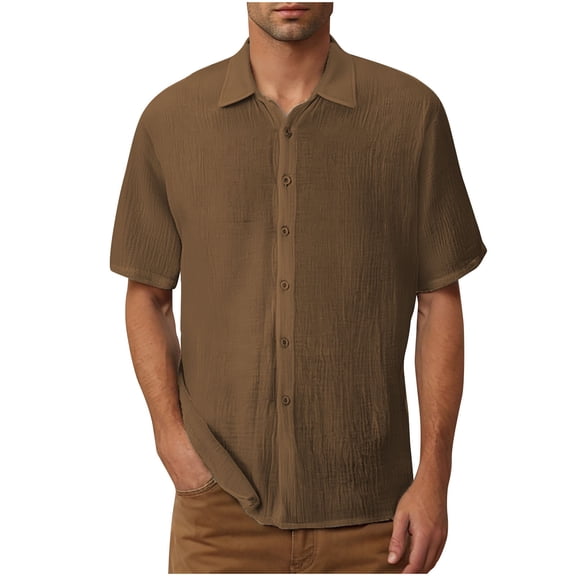 Men's Casual Solid Color Shirts Summer Beach Shirt Button Down Textured Shirts Vacation Hawaiian Shirts