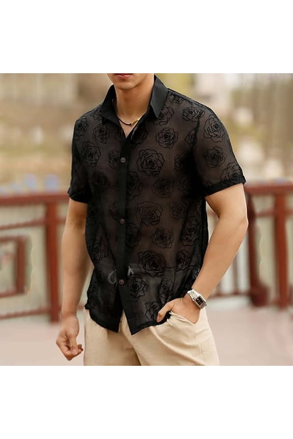 Men's Casual Solid Color Short Sleeve Turndown Collar Shirt Tops Blouse for Men Loose Fit Button Down Shirt for Daily Office Business Casual Outfits | AESTIVO,Black XL