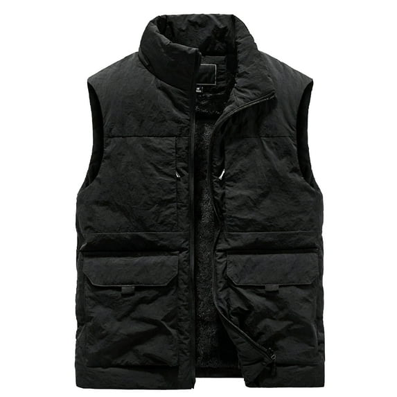 Men's Casual Solid Color Sleeveless Cotton Vest - Fleece-lined Thickened Multi-pocket Stand-up Collar Workwear Jacket, Black, Size L