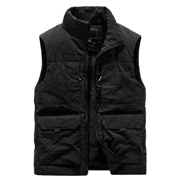 Men's Casual Solid Color Sleeveless Cotton Vest - Fleece-lined Thickened Multi-pocket Stand-up Collar Workwear Jacket, Black, Size XL