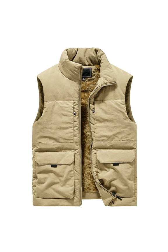 Men's Casual Solid Color Sleeveless Cotton Vest - Fleece-lined Thickened Multi-pocket Stand-up Collar Workwear Jacket, Khaki, Size XL