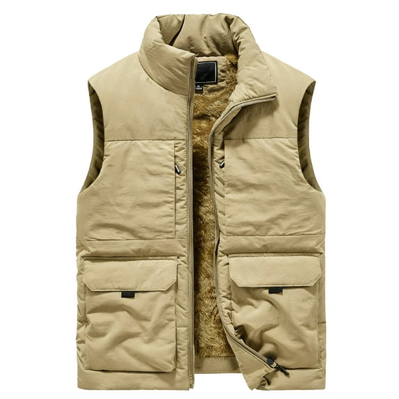 Men's Casual Solid Color Sleeveless Cotton Vest - Fleece-lined Thickened Multi-pocket Stand-up Collar Workwear Jacket, Khaki, Size XXXXL