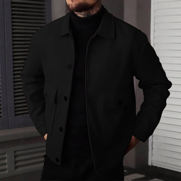 Men's Casual Solid Color Square Neck Jacket, Slim Fit Thick Fleece Button-Up Jacket Black S