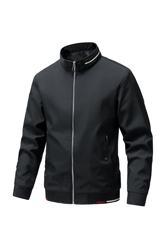Men's Casual Solid Color Stand-up Collar Fitted Light Windbreaker - Zipper Baseball Jacket, Black, XXXL