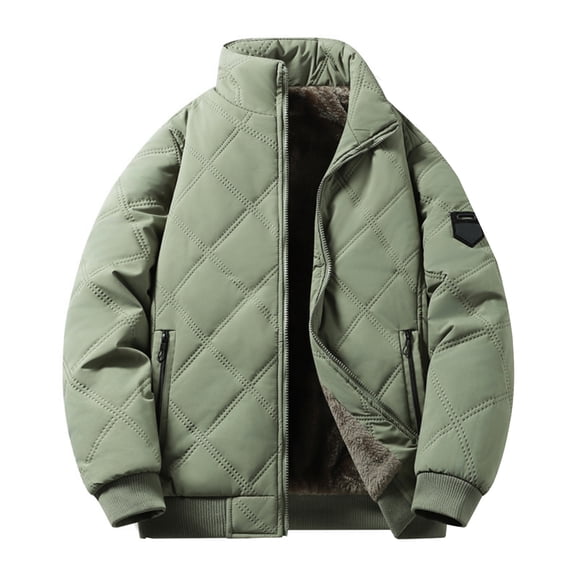 Men's Casual Solid Color Stand-up Collar Fleece-lined Diamond Checkered Warm Zip Cotton Jacket, Army Green, Size M