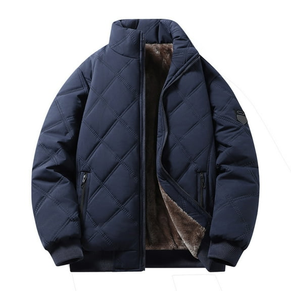 Men's Casual Solid Color Stand-up Collar Fleece-lined Diamond Checkered Warm Zip Cotton Jacket, Dark Blue, Size M